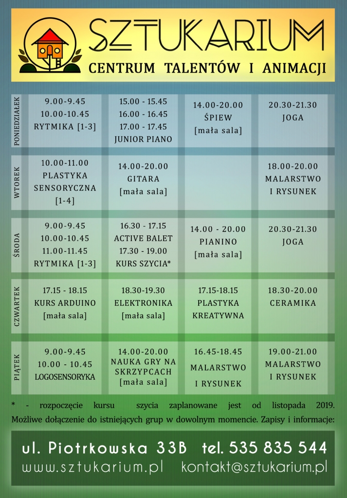 Harmonogram zajęć prowadzonych w Sztukarium w sezonie 2019/20. Tabelka zajęć stałych prowadzonych w cyklu tygodniowym od poniedziałku do piątku.