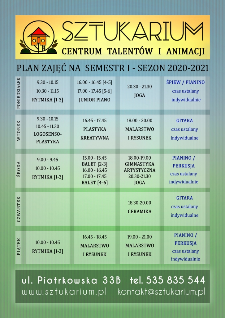 Harmonogram zajęć stałych w SZTUKARIUM na semestr 1 sezonu 2020/21