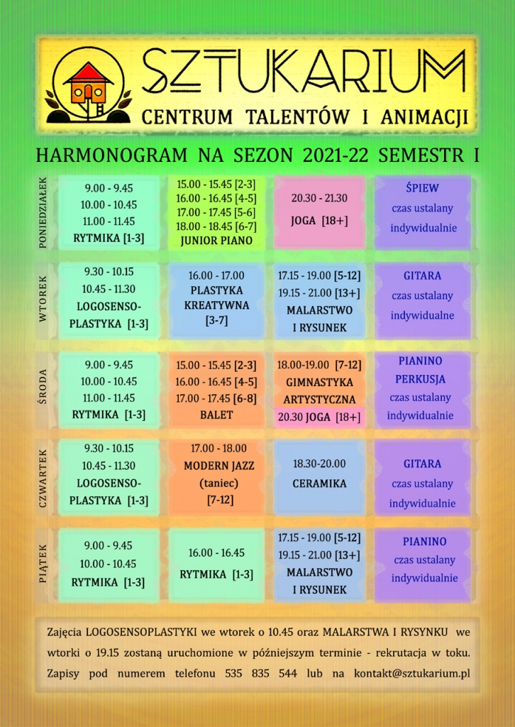 Aktualny grafik zajęć grupowych SZTUKARIUM w roku szkolnym 2021/22