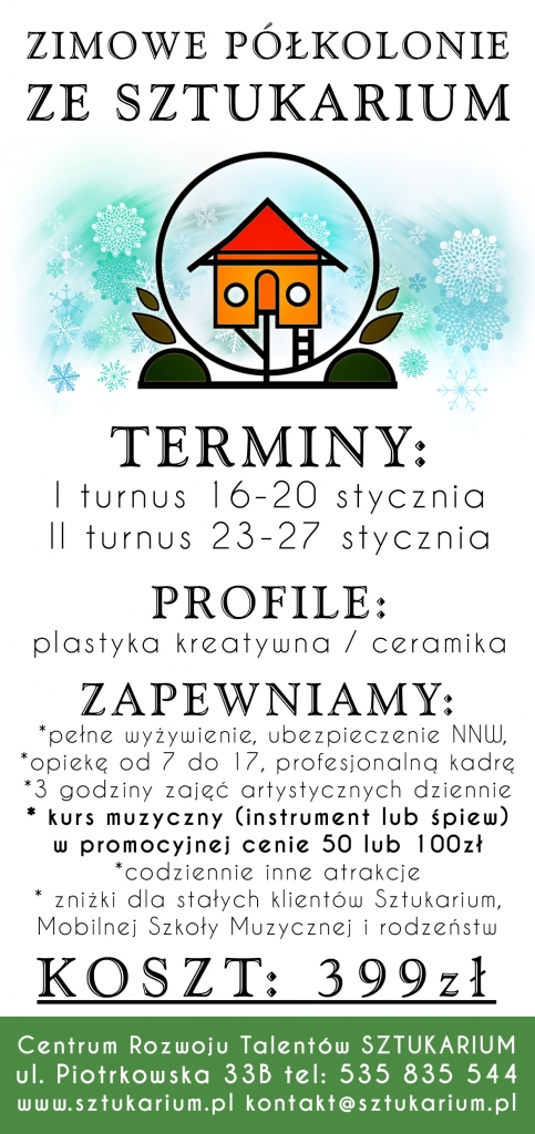 Zimowe półkolonie w Sztukarium - ceramika i plastyka kreatywna, zajęcia muzyczne i inne atrakcje.