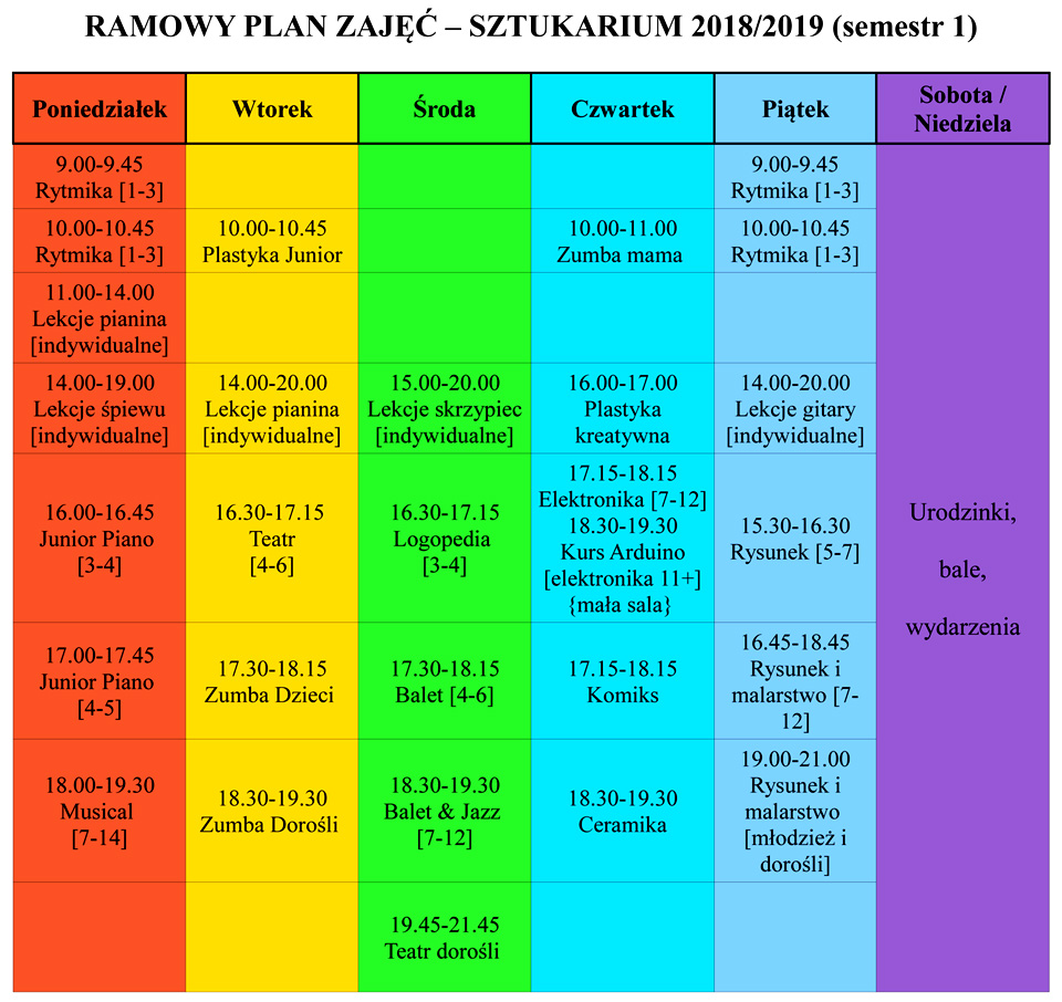 Plan zajęć na sezon 2018/2019 w Sztukarium.